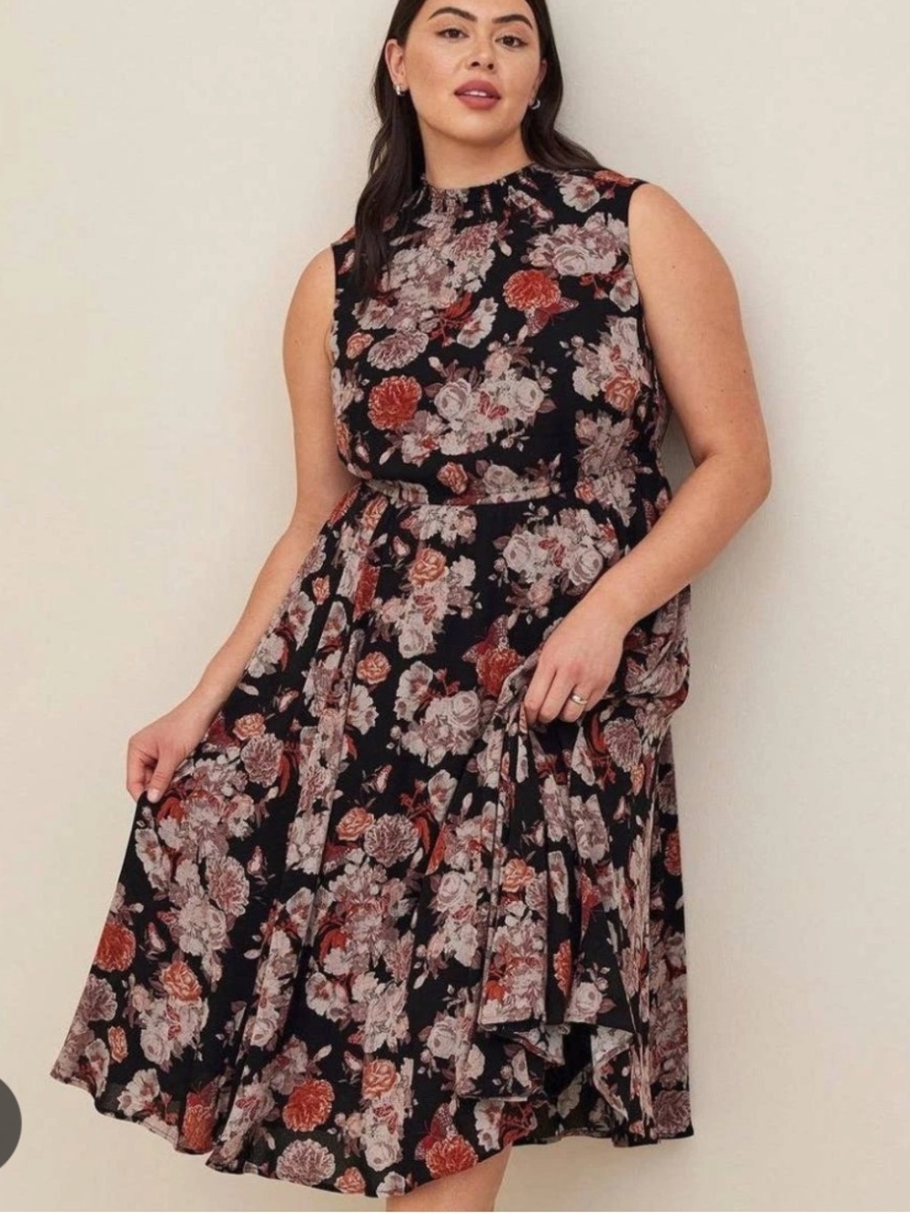 Torrid Midi Gauze Mock Neck Floral Sleeveless Dress in Black and Coral